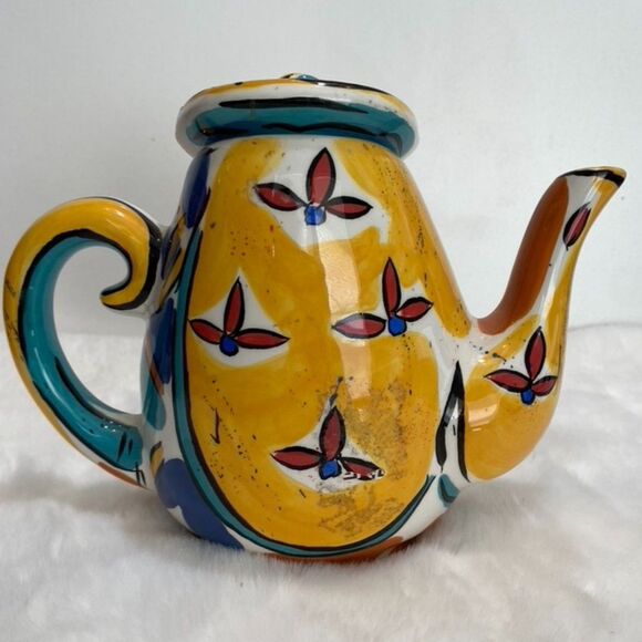 Kathryn Youngs By Ganz Bella Casa Yellow Blue Red Decorative Tea Pot Lid Damage - Picture 3 of 5